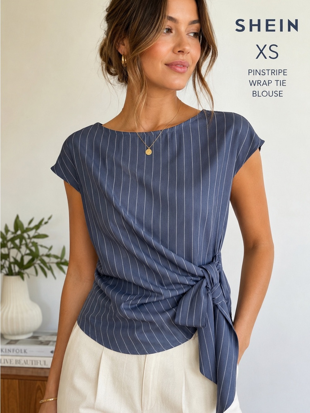 SHEIN Blue Gray Pinstripe Wrap Tie Front Blouse Top XS Short Sleeve